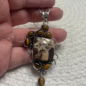Stunning COCONUT JASPER & TIGERS EYE Handmade Sterling 925 Pendant/Chain #246E